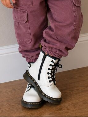 Dr. Martens Kids White Lace-Up Combat Boots with Black Trim
